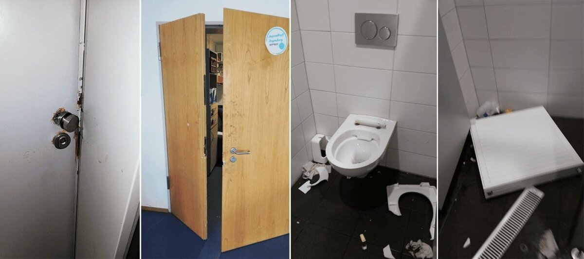 Vandalismus in Rottweil, dokumentiert von der Stadtverwaltung: links der Jugendtreff Hegneberg, auf den beiden Bildern rechts die neue Toilette am Rottweiler Bahnhof, mittlerweile völlig zerstört und deshalb geschlossen. Fotos: pm