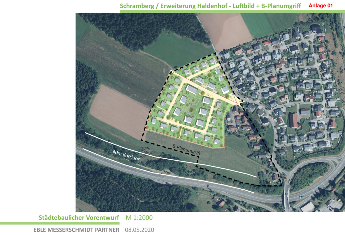 Städtebaulicher Vorentwurf „Erweiterung Haldenhof“ mit Geltungsbereich und Luftbild, in der Fassung vom 8. Mai 2020. Fotos: Stadt