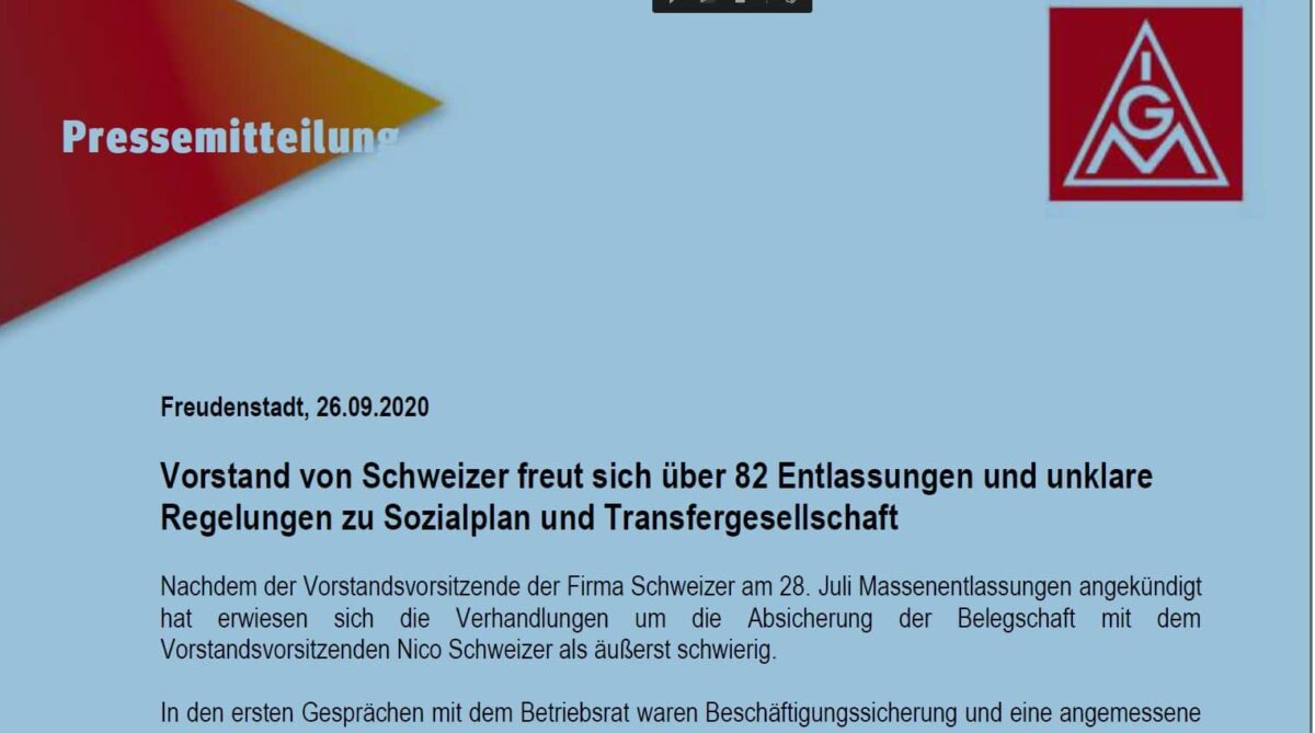 IG-Metall Pressemitteilung zu Schweizer