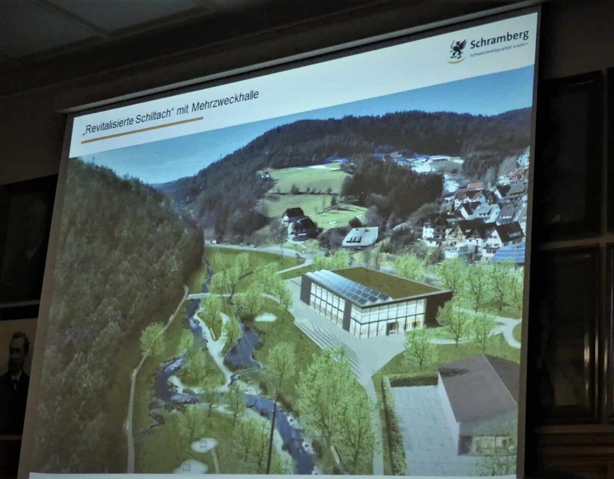 So  zeigte die Stadtverwaltung die neue Sport-und Festhalle in Tennenbronn in einer ersten Machbarkeitsstudie im März 2019 dem Gemeinderat.  Nun sechs Jahre später steht der Bebauungsplan. Archiv-Foto: him