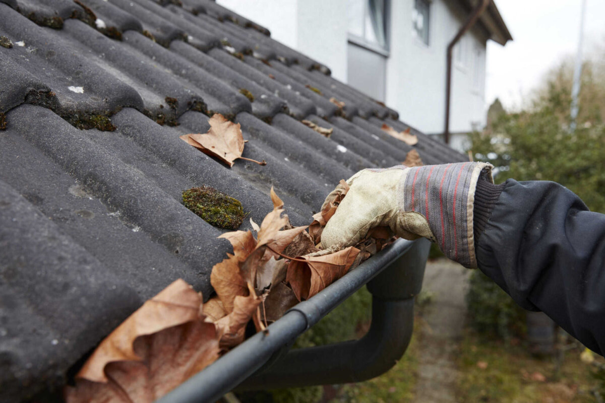Wird die Regenrinne von Blättern befreit, am besten gleich nach losen Ziegeln Ausschau halten. (Foto: Bausparkasse Schwäbisch Hall/Scheyhing)