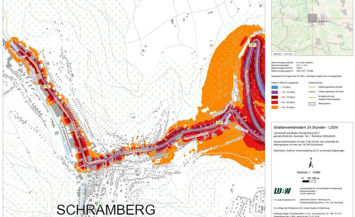 Die Lärmkarte zeigt, entlang der Oberndorfer Straße und am Hammergraben/Bahnhofstraße ist es zu laut. Grafik: Stadt