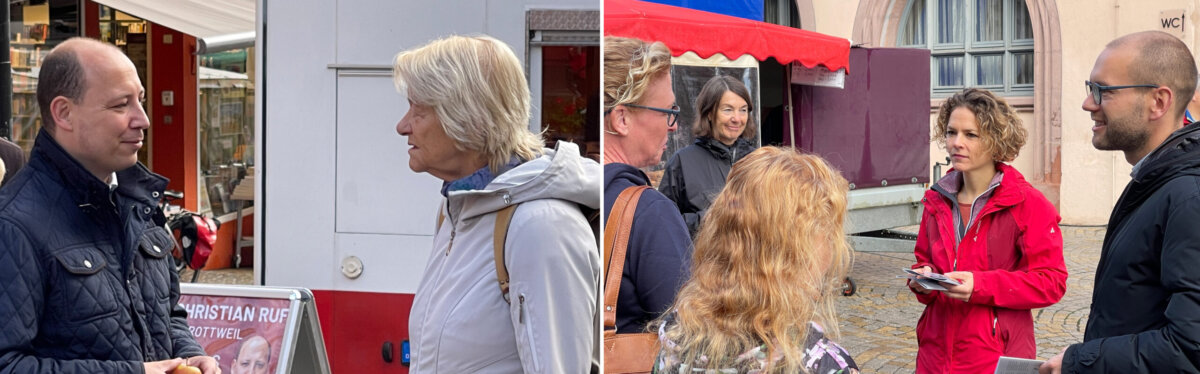 Die Kandidaten Dr. Christian Ruf (links) und Simon Busch (rechts) bei ihren letzten Gesprächen auf dem Rottweiler Wochenmarkt vor dem zweiten, entscheidenden Wahlgang. Fotos: Peter Arnegger