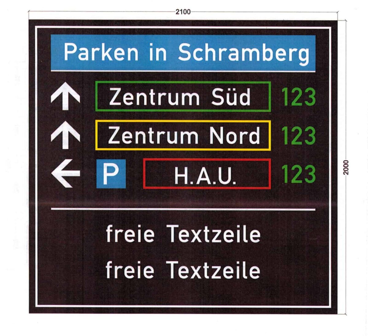 So sollen die Schramberger abgespeckten Hinweistafeln aussehen. Die Zahl der Parkplätze würde nicht geändert. Grafik: Stadt