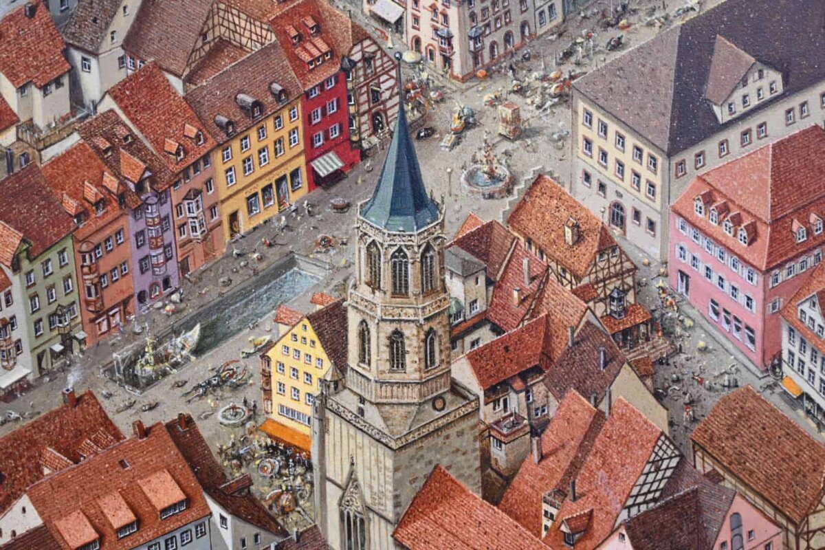 Jedes mal ein Hingucker: Detail aus dem großen Rottweil-Panorama von Norbert Stuckhus, das bei der am Sonntag eröffneten Ausstellung zu dennen 75. Geburtstag zu sehen ist. Foto: al