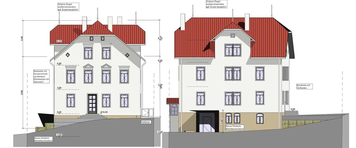 Ansichten des sanierten Gebäudes. Quelle: Architekturbüro frw