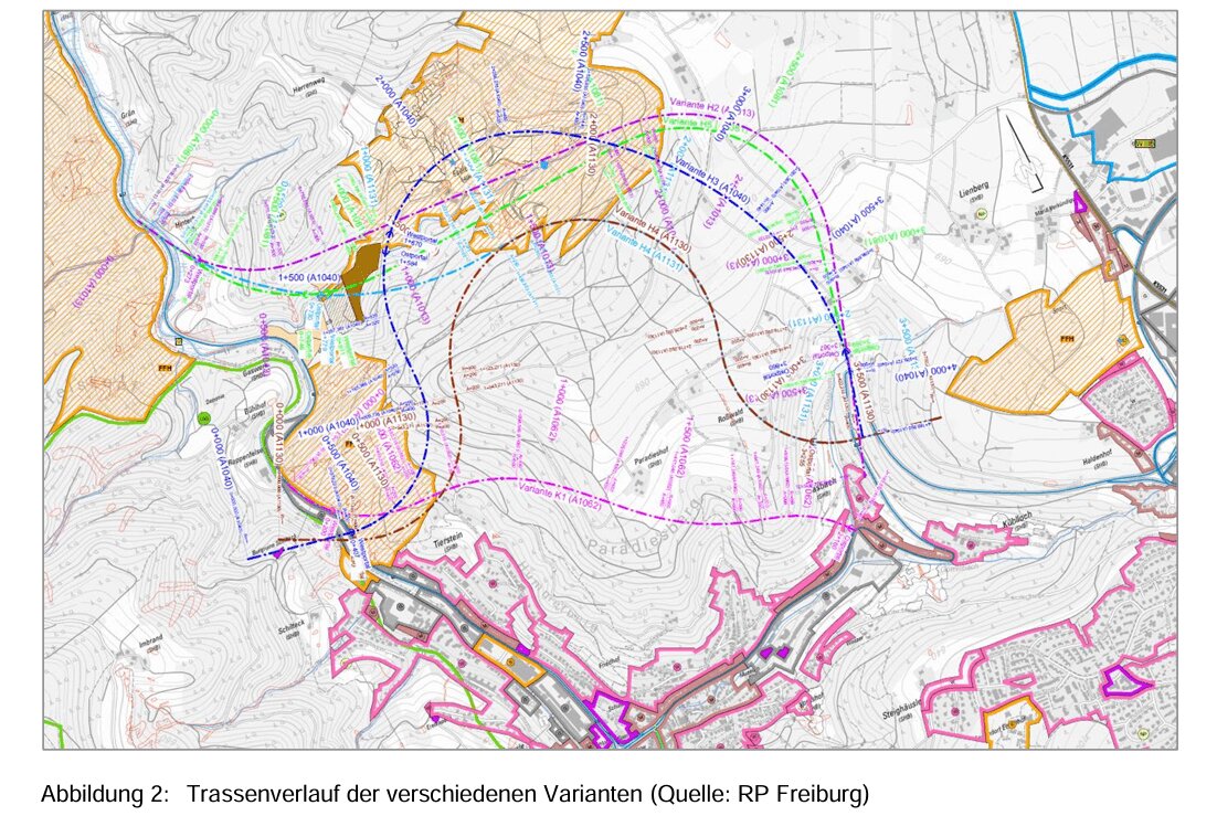 Diese Varianten für eine Talumfahrung haben sich die Planer im Regierungspräsidium ausgedacht. Grafik RP