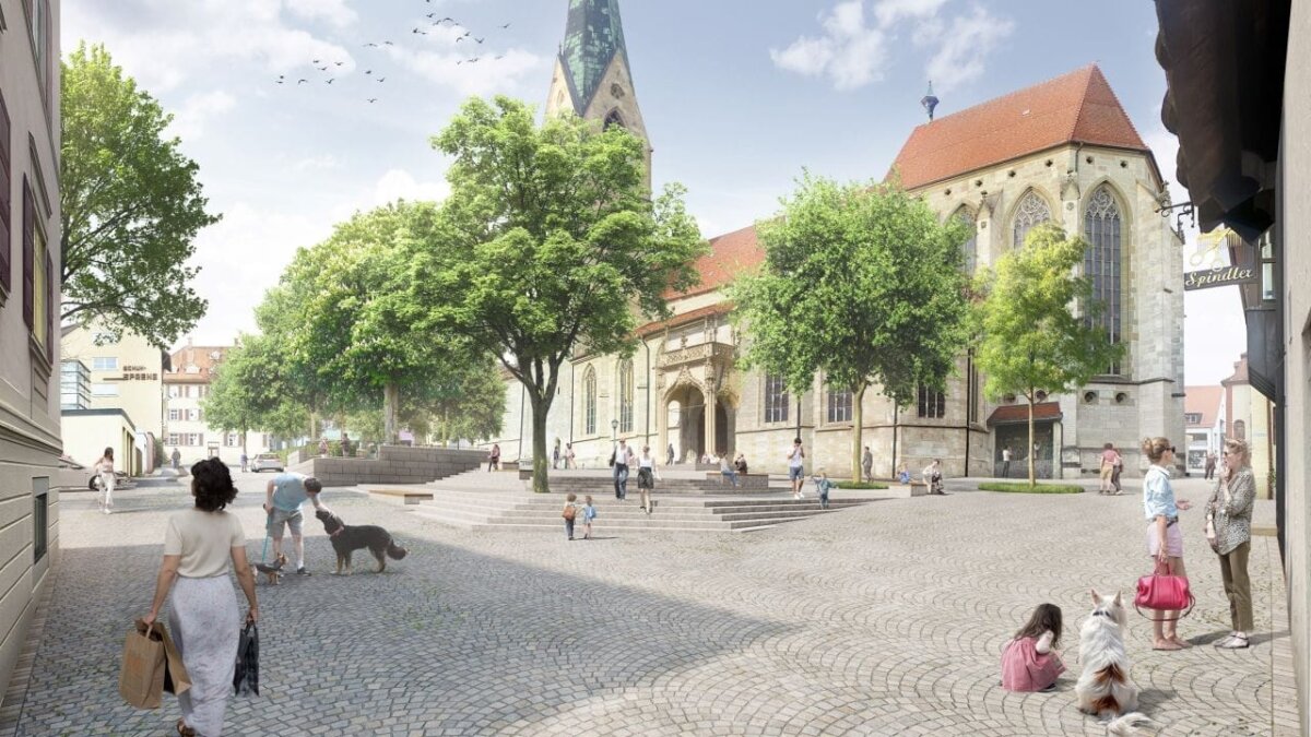 Der Münsterplatz erhält im Zuge der Sanierungsarbeiten im Heilig-Kreuz-Ort eine großzügige Freitreppe mit Sitzstufen. Sie lädt Gäste aus Richtung Oberer Hauptstraße kommenden zum Verweilen ein (Grafik: Stadt Rottweil).