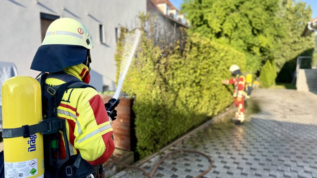 Feuerwehr löscht eine brennende Hecke. Wieder einmal. Foto: Peter Arnegger