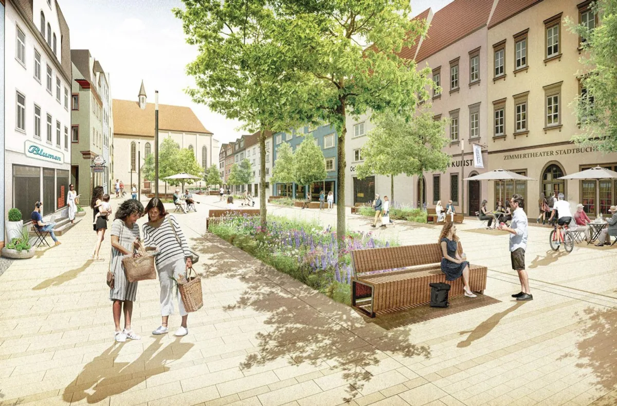 So soll der Friedrichsplatz aussehen, wenn er im Frühjahr 2028 fertig ist. Visualisierung: Greenbox Landschaftsarchitekten
