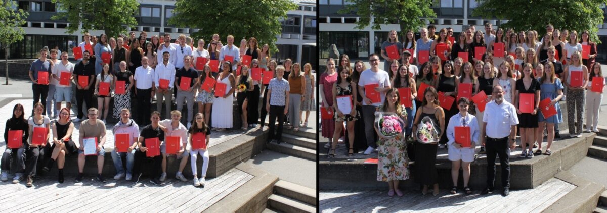 Verabschiedung der  Kaufleute im Einzelhandel, Großhandel und Büromanagement (links) sowie der Bank- und Industriekaufleute und Steuer- und Verwaltungsfachangestellte. Fotos: Schule