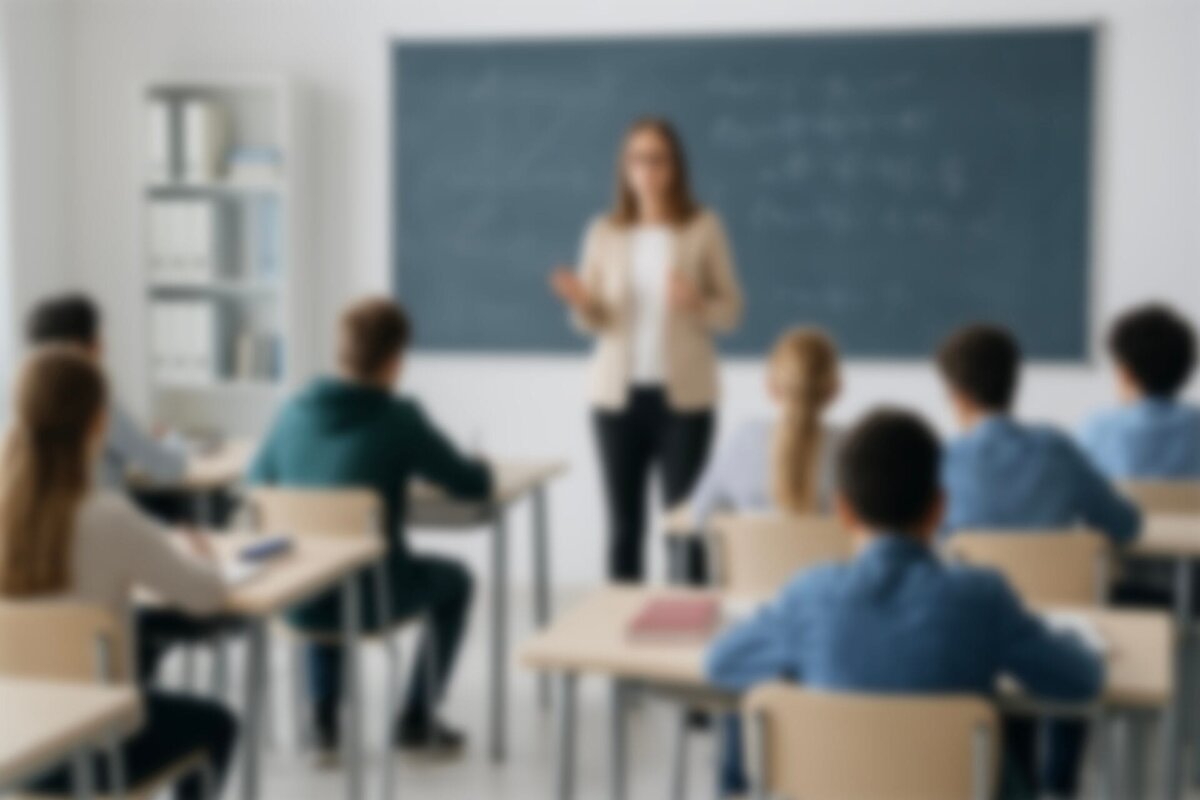 Blurred,Teacher,Explaining,Lesson,To,Attentive,Students,In,Modern,Classroom