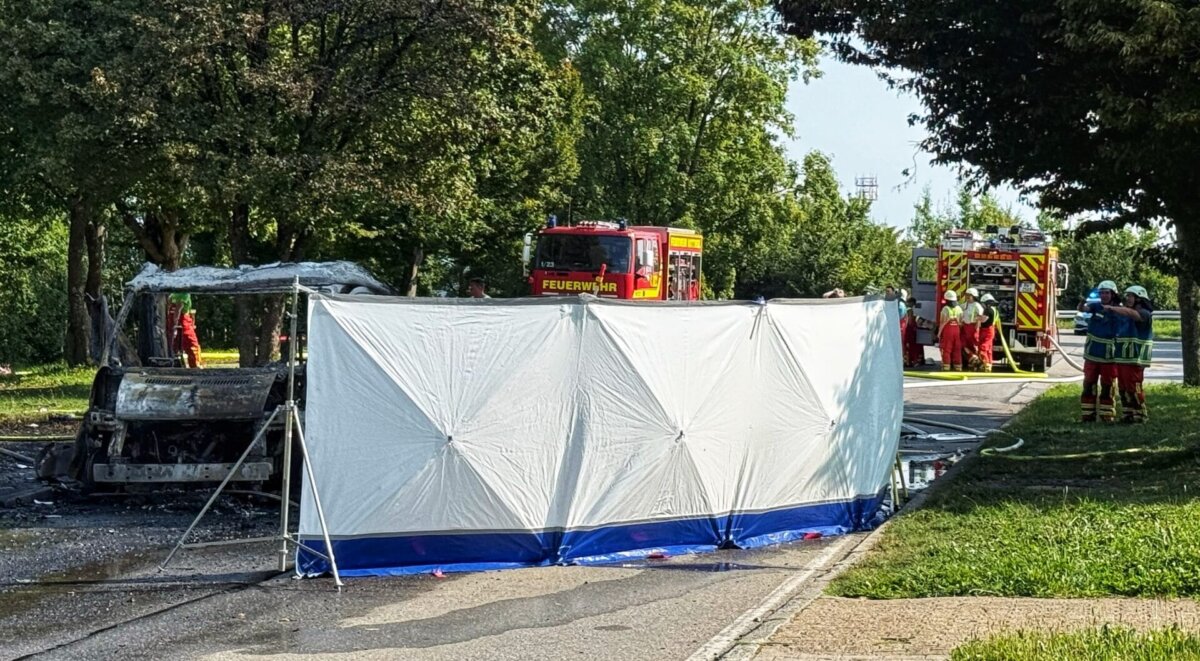Ausgebranntes Wohnmobil, in dem die Feuerwehr nach dem Ablöschen einen menschlichen Leichnam auffanden sowie den eines Hundes. Foto: Peter Arnegger