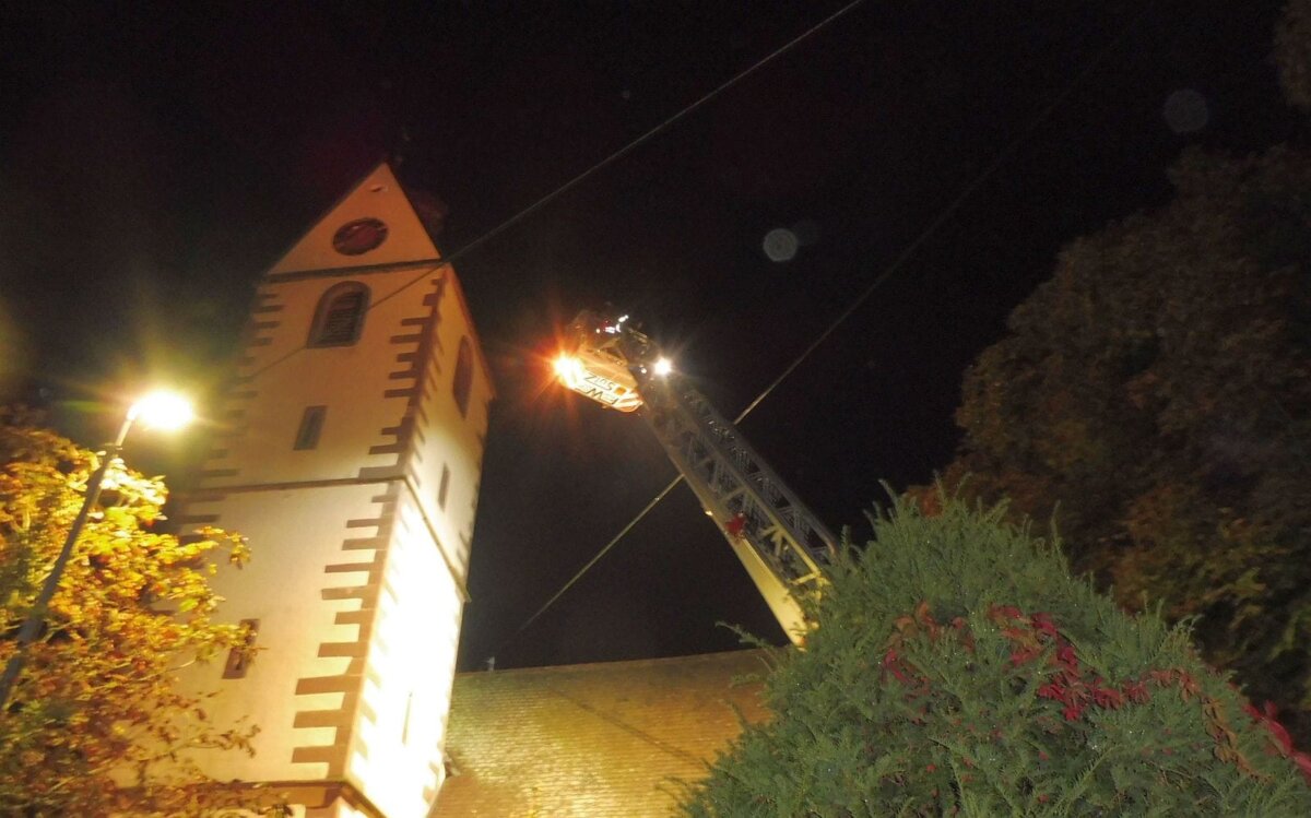 Abendlicher Einsatz am Mühlheimer Storchennest. Foto:Polet