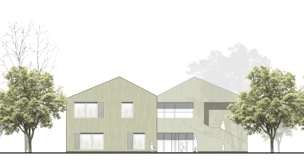 Doppelspitze: das mit zwei Satteldächern gekrönte Gebäude, das sich auf diese Weise gut in die Umgebung einfügen soll. Grafik: Architekturbüro BJW Architekten, Zimmern