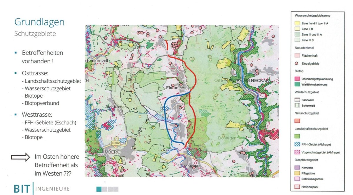 die Karte mit den Varianten für Seedorf und Waldmössingen zeigt auch die schwierige Lage mit den vielen Biotopen. Grafik: Stadt