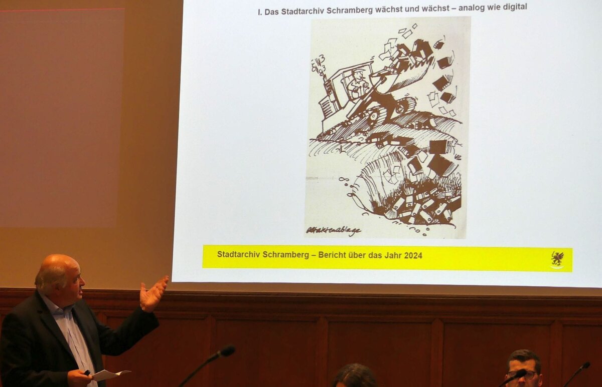 Stadtarchivar Carsten Kohlmann mit einer Karikatur von Uwe Rettkowski. Foto: him
