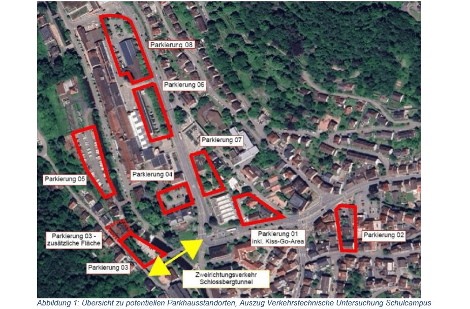 Die Stadtverwaltung hat acht Flächen untersucht, ob sie für ein Parkhaus geeignet wären. Übrig blieben 1 und 7. Grafik: Stadt