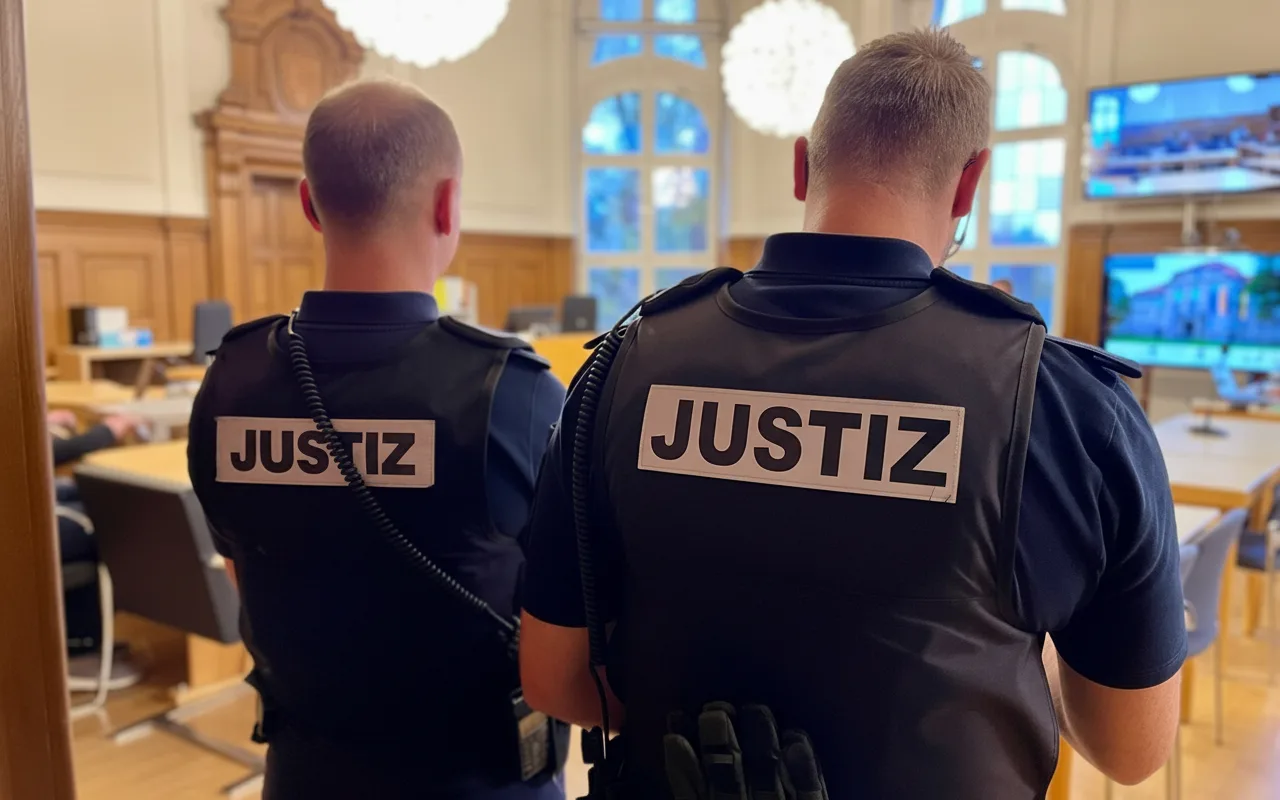 Justizbeamte am Eingang zum Schwurgerichtssaal in Rottweil. Archiv-Foto: Peter Arnegger