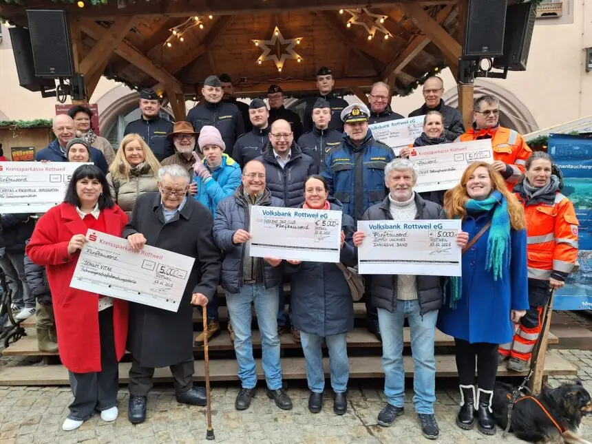 Oberbürgermeister Dr. Christian Ruf und Korvettenkapitän Wolfram Fuchs mit Teilen der Mannschaft der ROTTWEIL und Vertretern der Rottweiler Vereine und Initiativen bei der Spendenübergabe (Foto: Stadt Rottweil / Probst).
