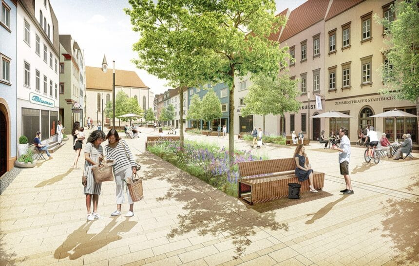 Mehr Grün, mehr Platz für Handel und Gastro und dafür weniger Verkehr: So soll der Friedrichsplatz nach dem Umbau aussehen (Grafik: GREENBOX).