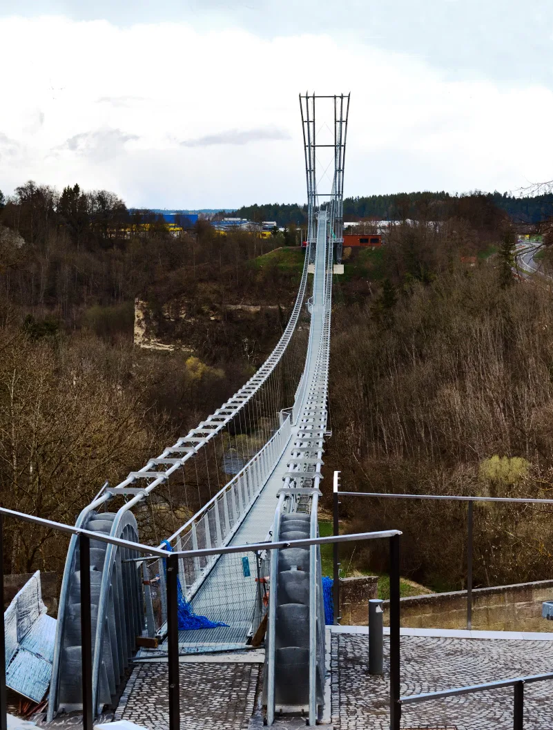 Kritischer Blick von außen: die Fußgänger-Hängebrücke in Rottweil. Foto: Peter Arnegger