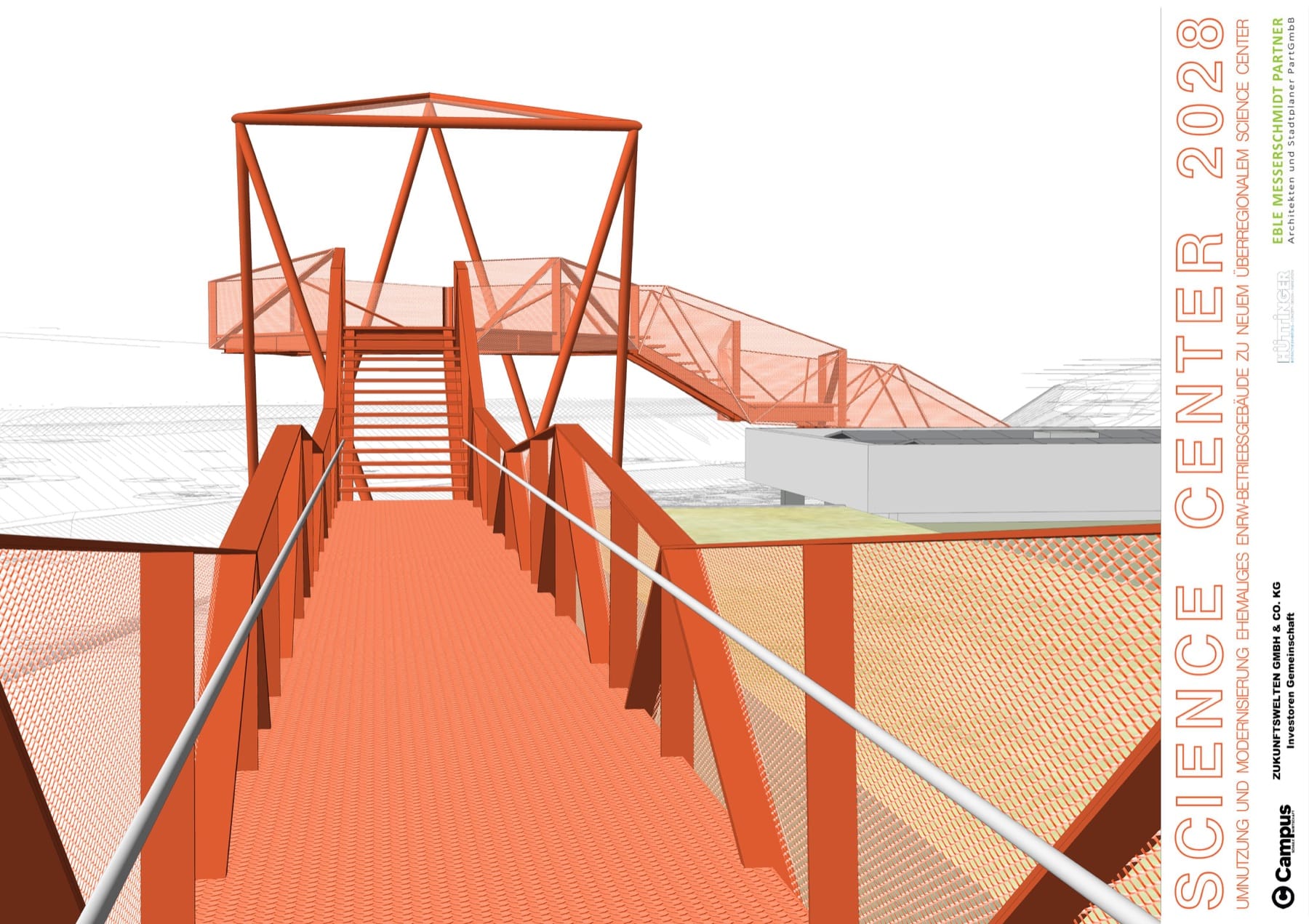 Visualisierung des orangefarbenen Science Walk auf dem Dach des Science Center 2028