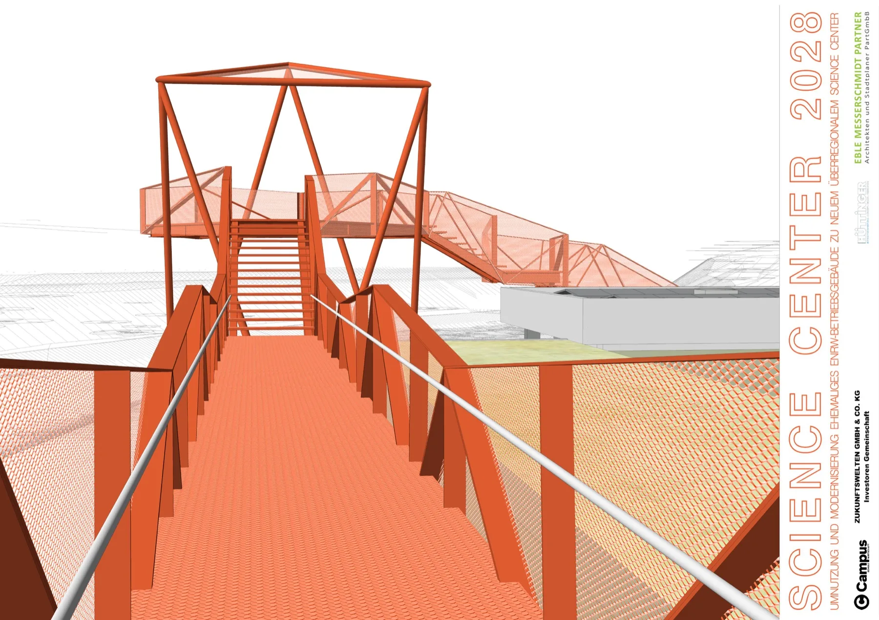 Visualisierung des orangefarbenen Science Walk auf dem Dach des Science Center 2028