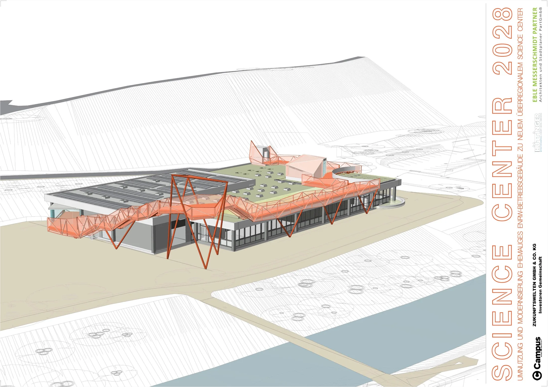 Visualisierung der Westansicht des Science Center 2028 mit Science Walk