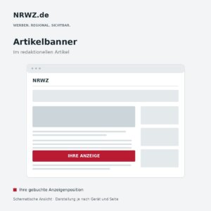 Schematische NRWZ-Artikelseite mit rot markiertem Banner im redaktionellen Inhalt.